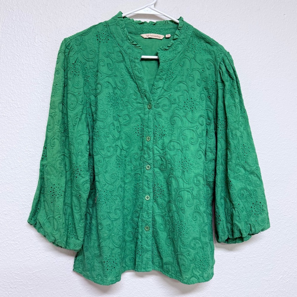 Soft Surroundings Floral Eyelet Lace 3/4 Sleeve Button Front Shirt Large